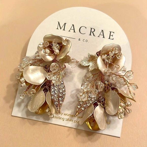 Brand New MacRae & Co. Dripping Floral Cluster Post Earrings Pale Gold Sparkly - Picture 3 of 14